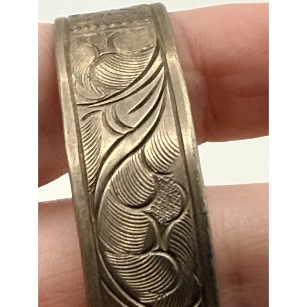 Silver Tone Etched Cuff Bracelet Waves Paisley 8